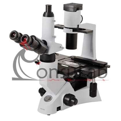 Microscópio Biológico Trinocular Invertido com Aumento de 40x até 400x ou 40x até 600x (opcional), Objetiva Planacromática Infinita, Iluminação 30W Halogênio e Contraste de Fase