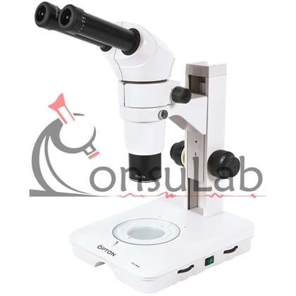 Microscópio estereoscópico binocular com objetiva zoom 0.8X ~ 8X, iluminação transmitida e refletida LED 2W