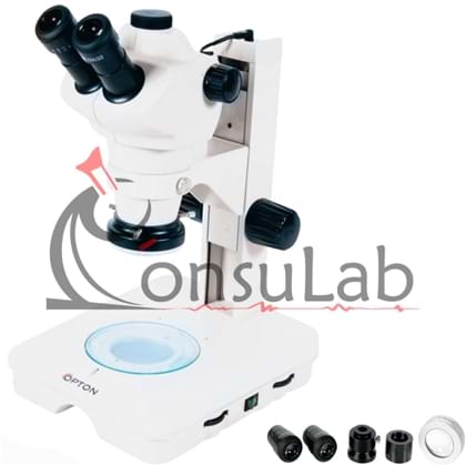 Microscópio Estereoscópico Trinocular, Zoom 0.8X ~ 5X, Aumento 8X a 200X, Iluminação Transmitida e Refletida LED 2W