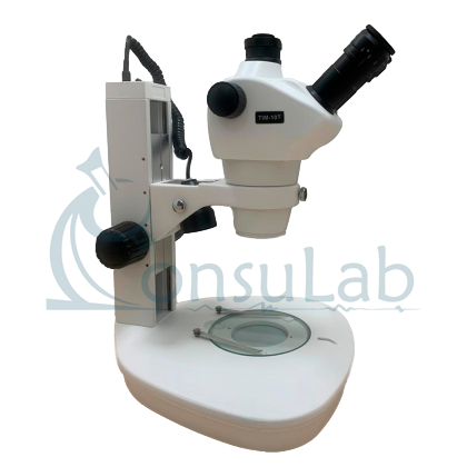 Microscópio Estereoscópico Trinocular, Zoom 0,8X ~ 5X, Aumento 8X ~ 100X e iluminação Transmitida e Refletida LED 2W.