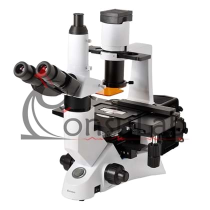 Microscópio Trinocular Invertido Aumento 40x até 400x ou 40x até 600x (opcional), Obj. Plana Infinita, Iluminação 30W Halogênio, Contraste de Fase e Fluorescência 100W